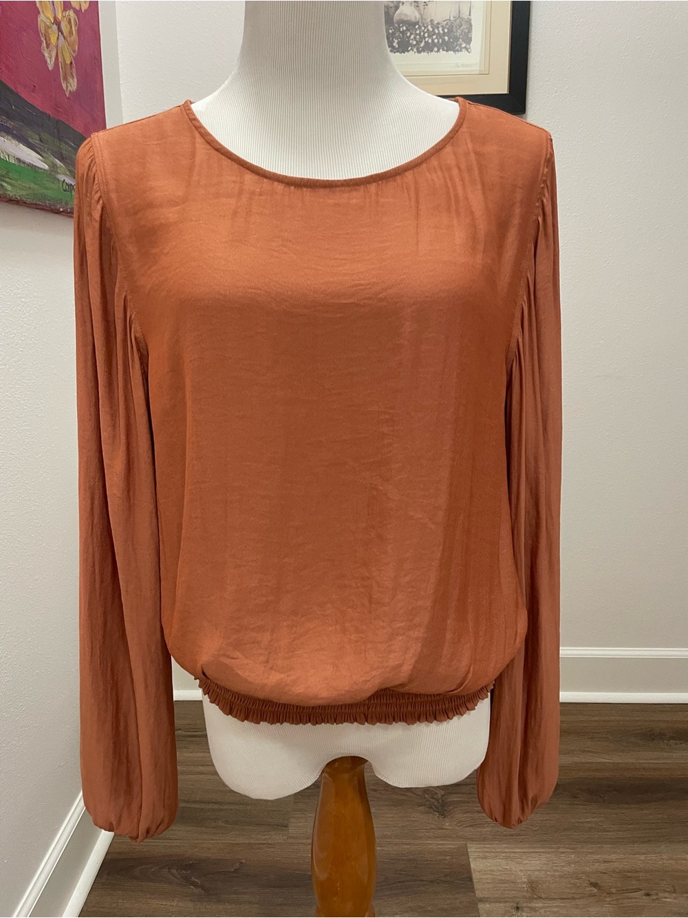 Liverpool Terracotta Puff Sleeve Smocked Waist Top Sz M